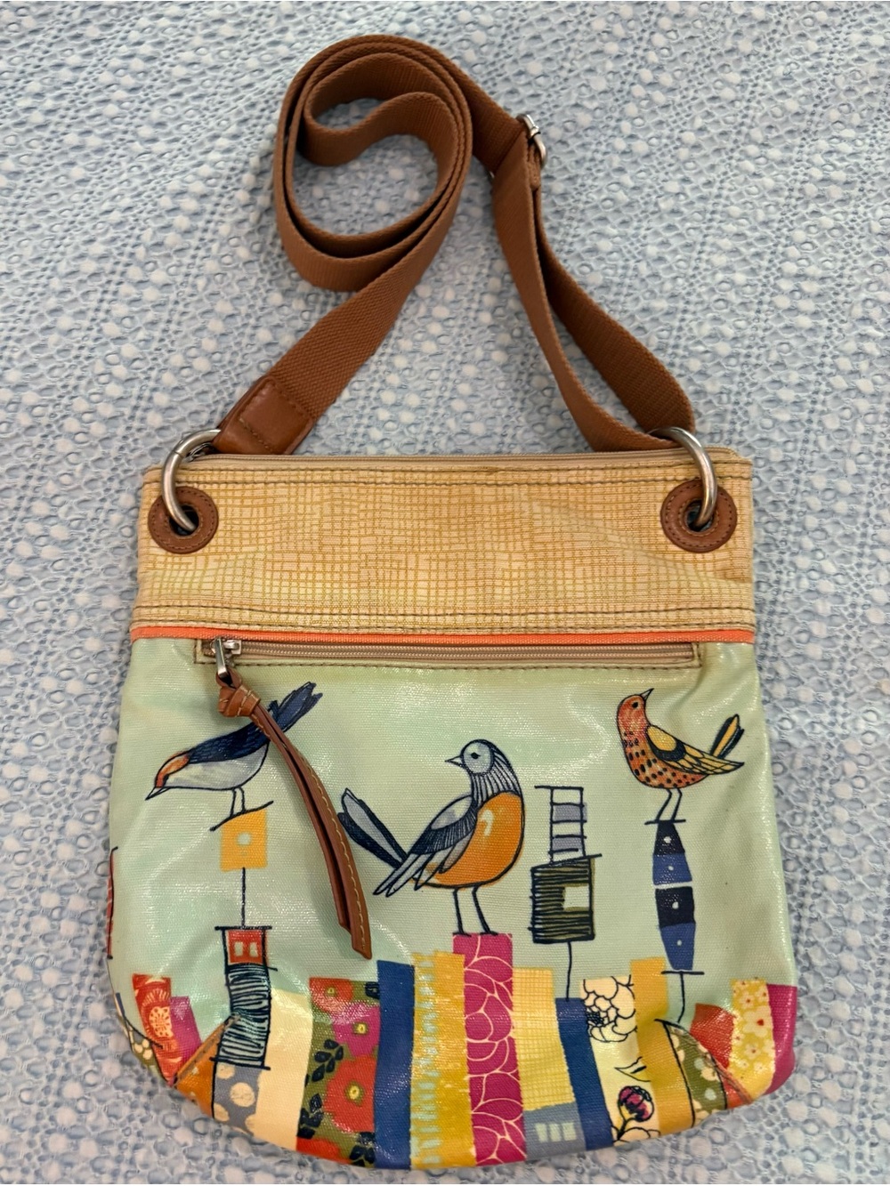 Fossil Key-Per City Birds Coated Canvas Crossbody Bag with Keychain Like New - Picture 6 of 15